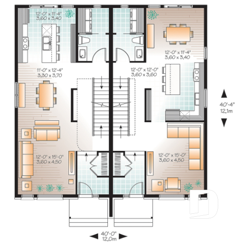 1st level - Modern duplex plan, 3 bedrooms per unit, laundry room on main floor, master suite, open concept - The Mallory 