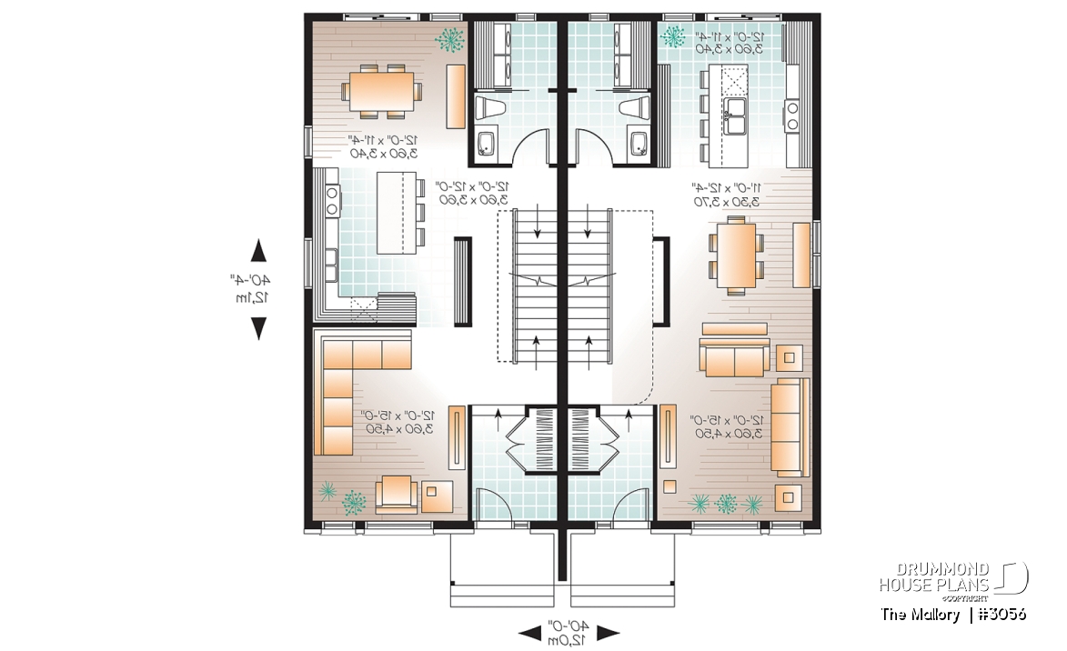 1st level - Modern duplex plan, 3 bedrooms per unit, laundry room on main floor, master suite, open concept - The Mallory 