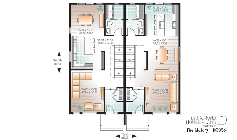 1st level - Modern duplex plan, 3 bedrooms per unit, laundry room on main floor, master suite, open concept - The Mallory 
