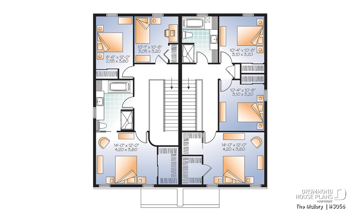 2nd level - Modern duplex plan, 3 bedrooms per unit, laundry room on main floor, master suite, open concept - The Mallory 