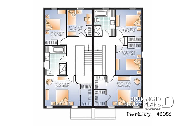 2nd level - Modern duplex plan, 3 bedrooms per unit, laundry room on main floor, master suite, open concept - The Mallory 