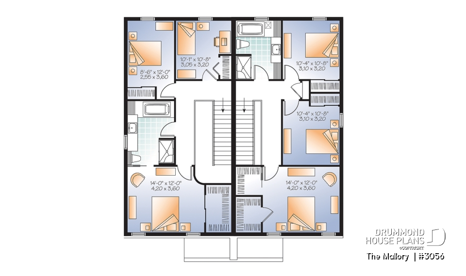 2nd level - Modern duplex plan, 3 bedrooms per unit, laundry room on main floor, master suite, open concept - The Mallory 