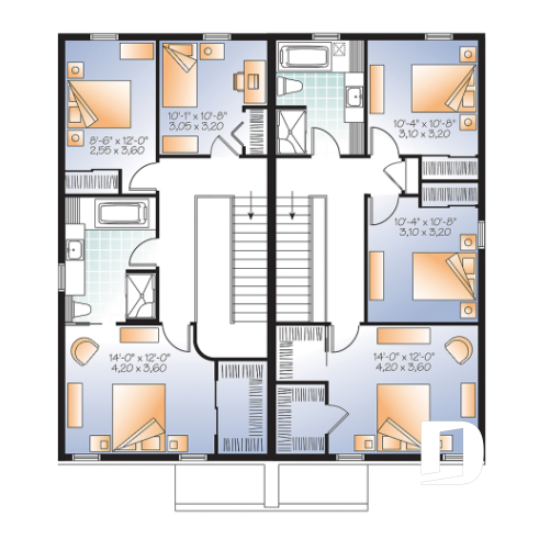 2nd level - Modern duplex plan, 3 bedrooms per unit, laundry room on main floor, master suite, open concept - The Mallory 