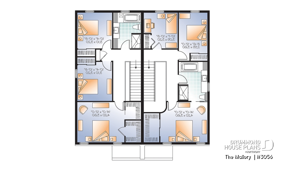 2nd level - Modern duplex plan, 3 bedrooms per unit, laundry room on main floor, master suite, open concept - The Mallory 