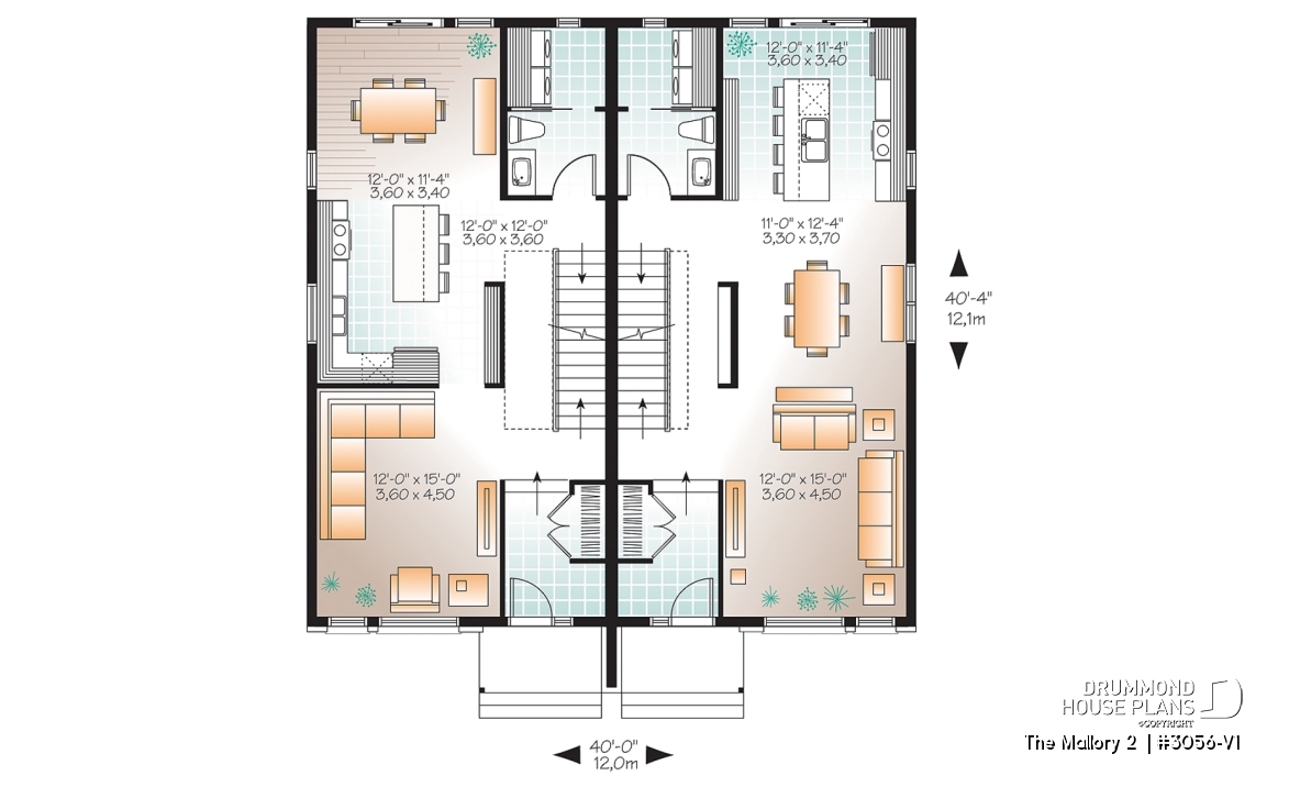 1st level - Contemporary duplex house plan, 2 or 3 bedroom option, ensuite, 2 kitchen options with large kitchen island - The Mallory 2 