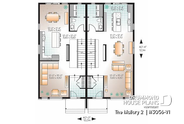 1st level - Contemporary duplex house plan, 2 or 3 bedroom option, ensuite, 2 kitchen options with large kitchen island - The Mallory 2 