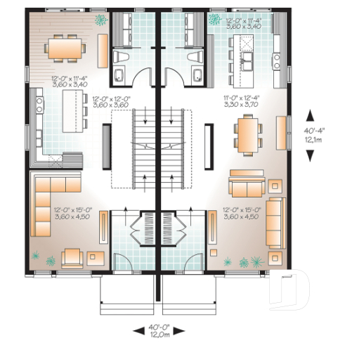 1st level - Contemporary duplex house plan, 2 or 3 bedroom option, ensuite, 2 kitchen options with large kitchen island - The Mallory 2 