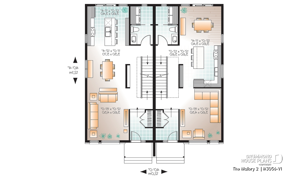 1st level - Contemporary duplex house plan, 2 or 3 bedroom option, ensuite, 2 kitchen options with large kitchen island - The Mallory 2 