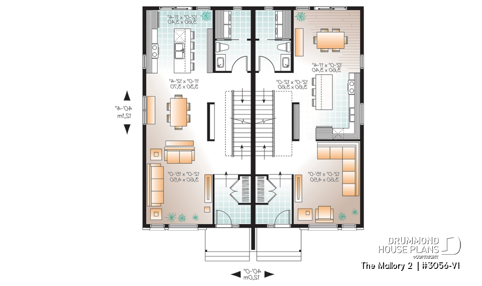 1st level - Contemporary duplex house plan, 2 or 3 bedroom option, ensuite, 2 kitchen options with large kitchen island - The Mallory 2 