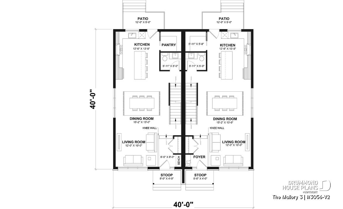 1st level - Contemporary semi-detached house plan, optional finished basement ($), 3 to 4+ beds + office in each unit - The Mallory 3