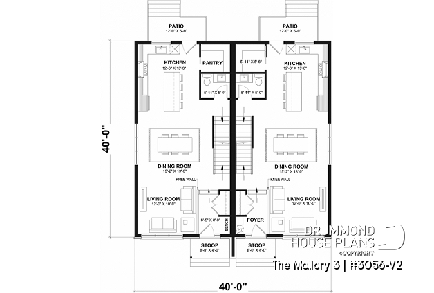1st level - Contemporary semi-detached house plan, w/ finished basement, offering a total of 4 beds + office in each unit - The Mallory 3