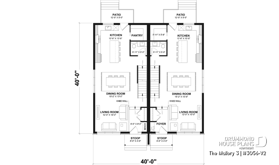 1st level - Contemporary semi-detached house plan, optional finished basement ($), 3 to 4+ beds + office in each unit - The Mallory 3
