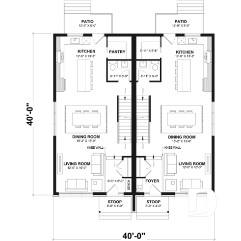 1st level - Contemporary semi-detached house plan, optional finished basement ($), 3 to 4+ beds + office in each unit - The Mallory 3