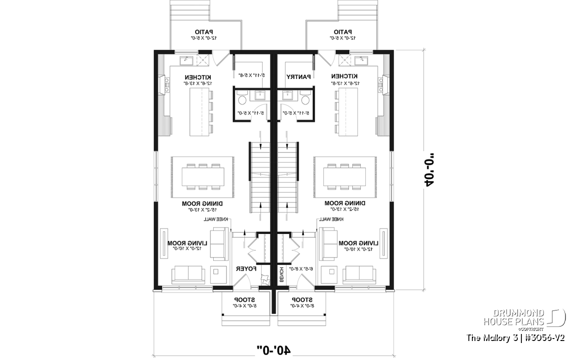 1st level - Contemporary semi-detached house plan, optional finished basement ($), 3 to 4+ beds + office in each unit - The Mallory 3