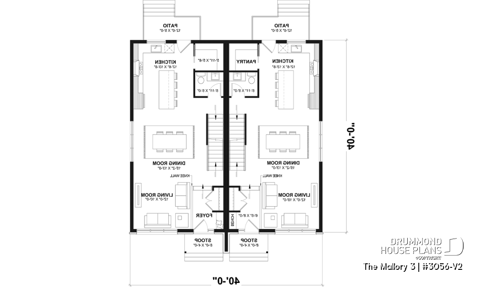 1st level - Contemporary semi-detached house plan, optional finished basement ($), 3 to 4+ beds + office in each unit - The Mallory 3