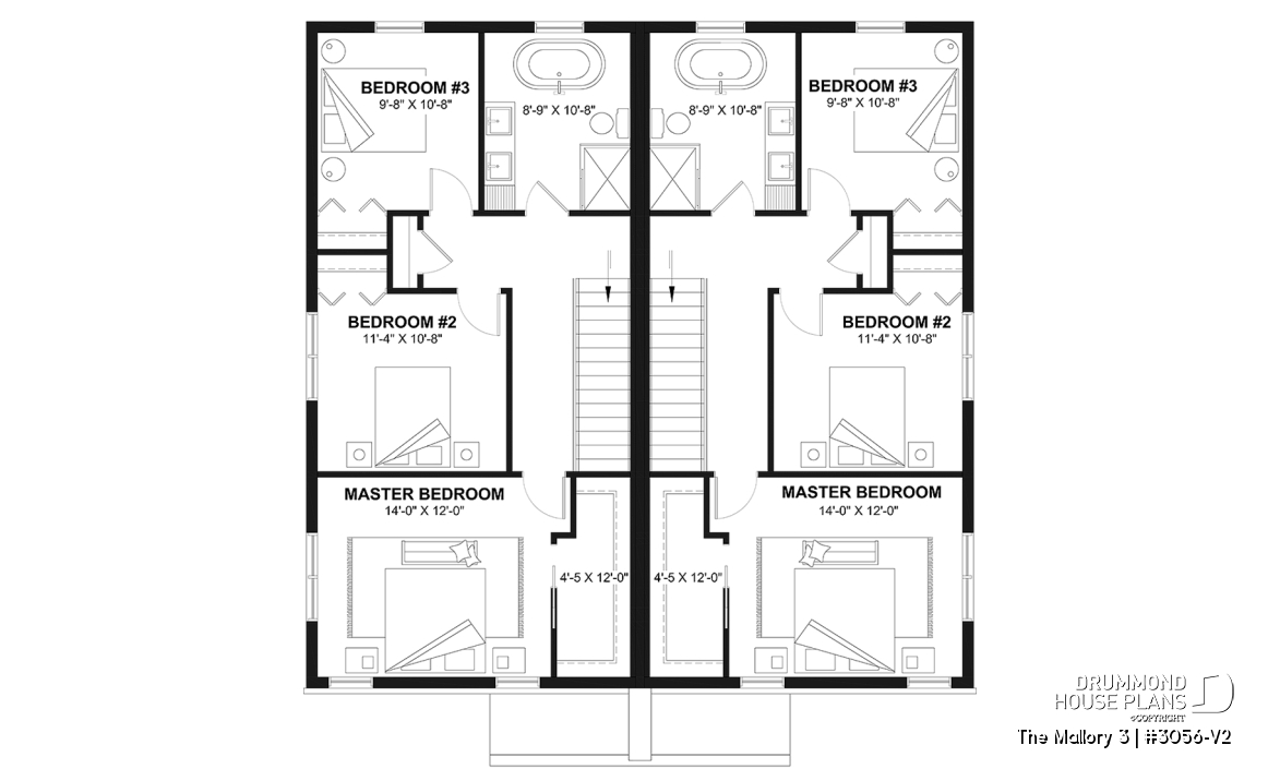 2nd level - Contemporary semi-detached house plan, optional finished basement ($), 3 to 4+ beds + office in each unit - The Mallory 3