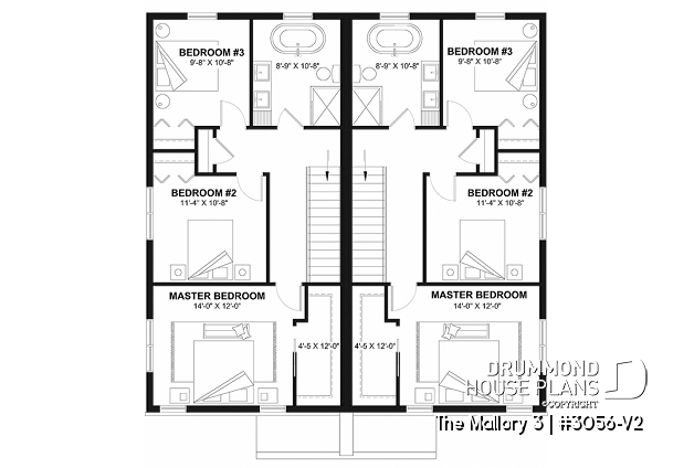 2nd level - Contemporary semi-detached house plan, w/ finished basement, offering a total of 4 beds + office in each unit - The Mallory 3