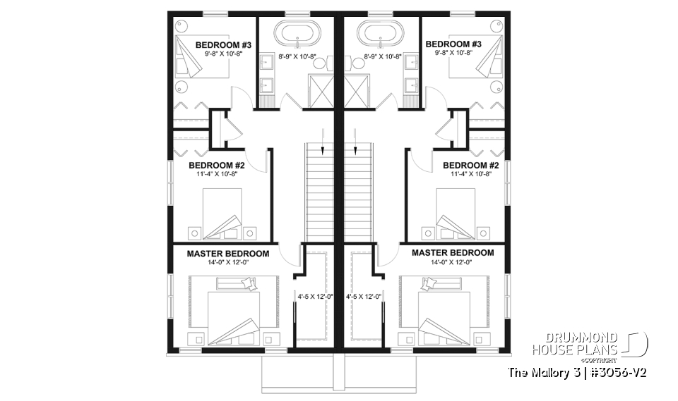 2nd level - Contemporary semi-detached house plan, optional finished basement ($), 3 to 4+ beds + office in each unit - The Mallory 3
