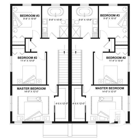 2nd level - Contemporary semi-detached house plan, optional finished basement ($), 3 to 4+ beds + office in each unit - The Mallory 3