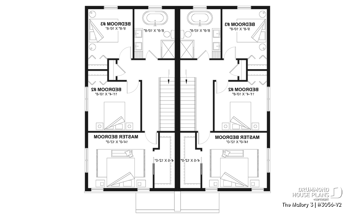 2nd level - Contemporary semi-detached house plan, optional finished basement ($), 3 to 4+ beds + office in each unit - The Mallory 3