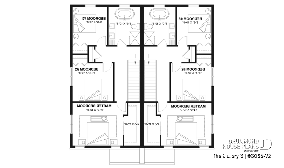 2nd level - Contemporary semi-detached house plan, optional finished basement ($), 3 to 4+ beds + office in each unit - The Mallory 3