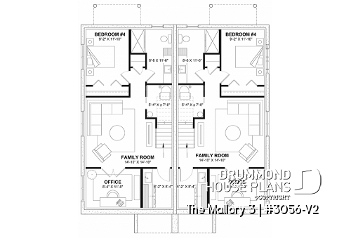 Basement - Contemporary semi-detached house plan, w/ finished basement, offering a total of 4 beds + office in each unit - The Mallory 3