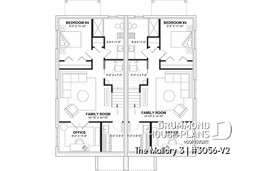 Finished basement - Contemporary semi-detached house plan, optional finished basement ($), 3 to 4+ beds + office in each unit - The Mallory 3