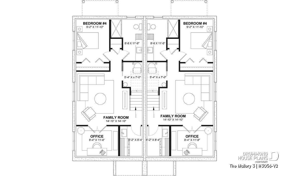 Finished basement (Optional $) - Contemporary semi-detached house plan, optional finished basement ($), 3 to 4+ beds + office in each unit - The Mallory 3