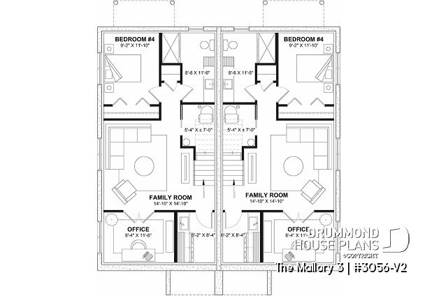 Finished basement (Optional $) - Contemporary semi-detached house plan, optional finished basement ($), 3 to 4+ beds + office in each unit - The Mallory 3