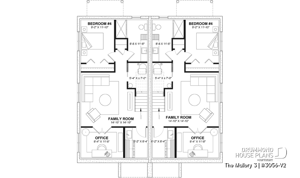 Finished basement (Optional $) - Contemporary semi-detached house plan, optional finished basement ($), 3 to 4+ beds + office in each unit - The Mallory 3