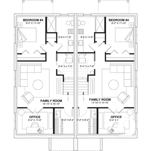 Finished basement (Optional $) - Contemporary semi-detached house plan, optional finished basement ($), 3 to 4+ beds + office in each unit - The Mallory 3