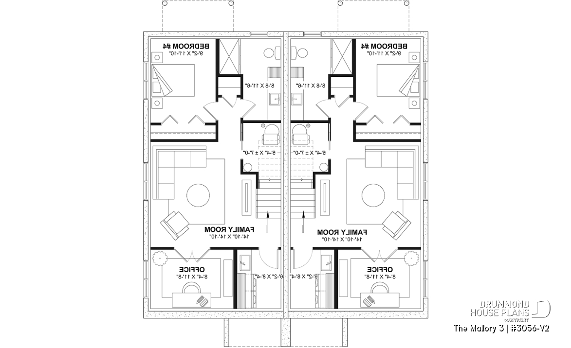 Finished basement (Optional $) - Contemporary semi-detached house plan, optional finished basement ($), 3 to 4+ beds + office in each unit - The Mallory 3