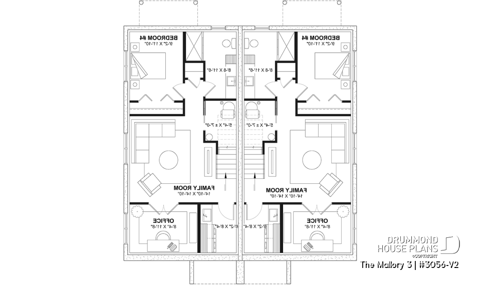 Finished basement (Optional $) - Contemporary semi-detached house plan, optional finished basement ($), 3 to 4+ beds + office in each unit - The Mallory 3