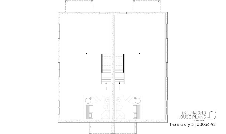 Unfinished basement - Contemporary semi-detached house plan, optional finished basement ($), 3 to 4+ beds + office in each unit - The Mallory 3