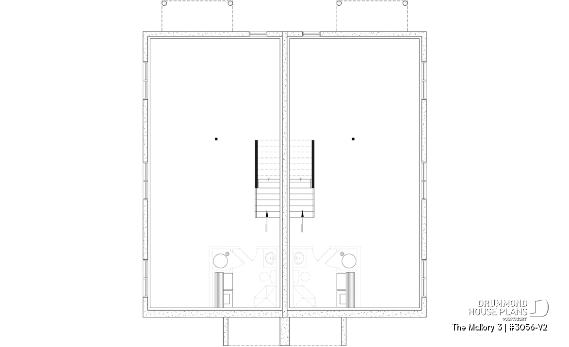 Unfinished basement - Contemporary semi-detached house plan, optional finished basement ($), 3 to 4+ beds + office in each unit - The Mallory 3