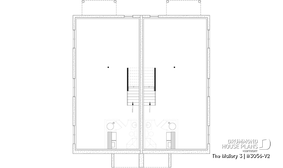 Unfinished basement - Contemporary semi-detached house plan, optional finished basement ($), 3 to 4+ beds + office in each unit - The Mallory 3