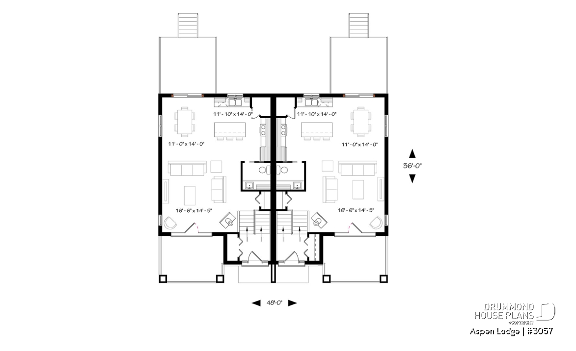 1st level - Split entry duplex house plan, great main floor open concept, pantry, kitchen island, 3 beds, 1.5 baths - Aspen Lodge