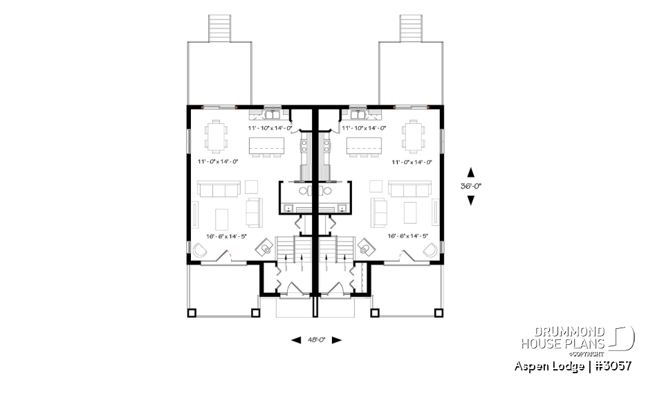 1st level - Split entry duplex house plan, great main floor open concept, pantry, kitchen island, 3 beds, 1.5 baths - Aspen Lodge