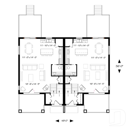 1st level - Split entry duplex house plan, great main floor open concept, pantry, kitchen island, 3 beds, 1.5 baths - Aspen Lodge