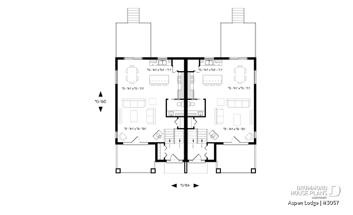 1st level - Split entry duplex house plan, great main floor open concept, pantry, kitchen island, 3 beds, 1.5 baths - Aspen Lodge