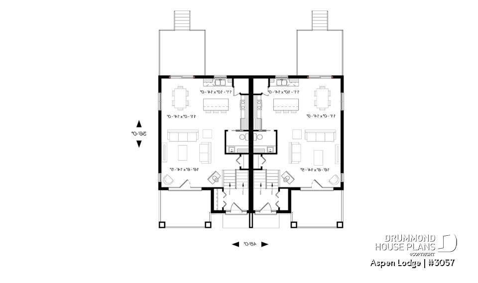 1st level - Split entry duplex house plan, great main floor open concept, pantry, kitchen island, 3 beds, 1.5 baths - Aspen Lodge