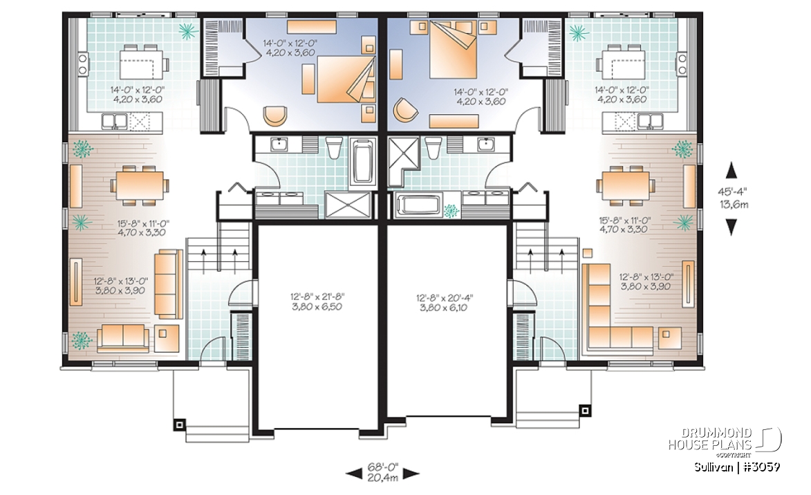 1st level - Modern duplex house plan with garage,up to 3 bedrooms per unit, large shower, great kitchen island - Sullivan