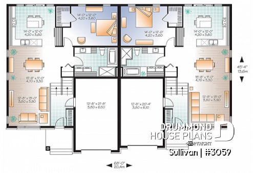 1st level - Modern duplex house plan with garage,up to 3 bedrooms per unit, large shower, great kitchen island - Sullivan