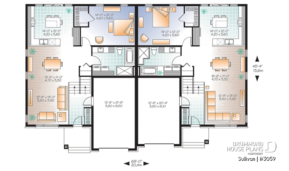1st level - Modern duplex house plan with garage,up to 3 bedrooms per unit, large shower, great kitchen island - Sullivan