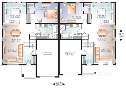 1st level - Modern duplex house plan with garage,up to 3 bedrooms per unit, large shower, great kitchen island - Sullivan