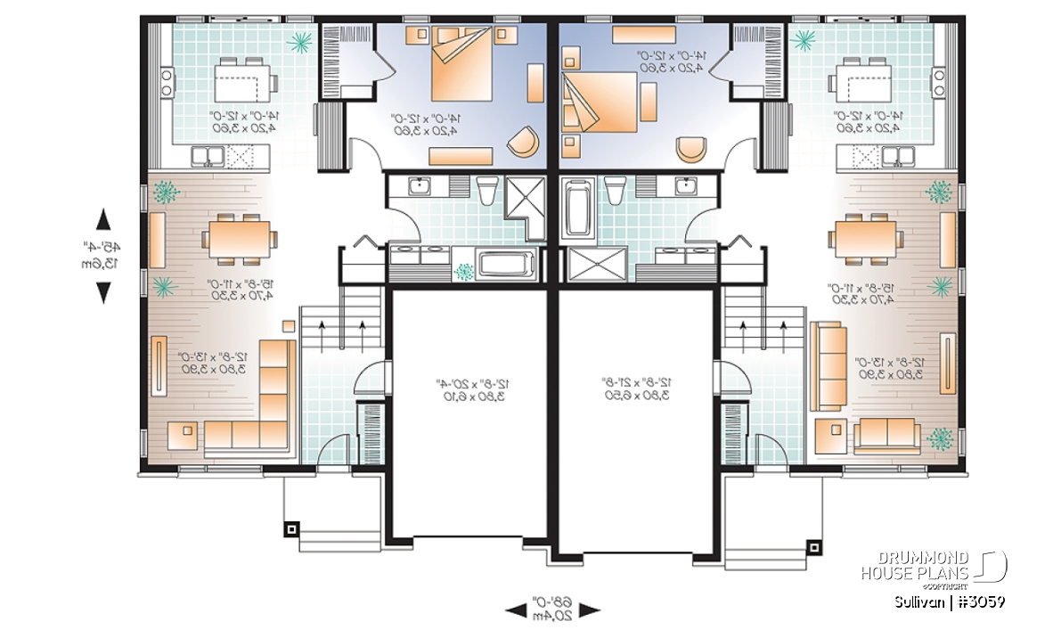 1st level - Modern duplex house plan with garage,up to 3 bedrooms per unit, large shower, great kitchen island - Sullivan