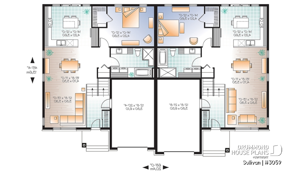 1st level - Modern duplex house plan with garage,up to 3 bedrooms per unit, large shower, great kitchen island - Sullivan