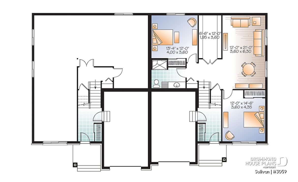 Basement - Modern duplex house plan with garage,up to 3 bedrooms per unit, large shower, great kitchen island - Sullivan
