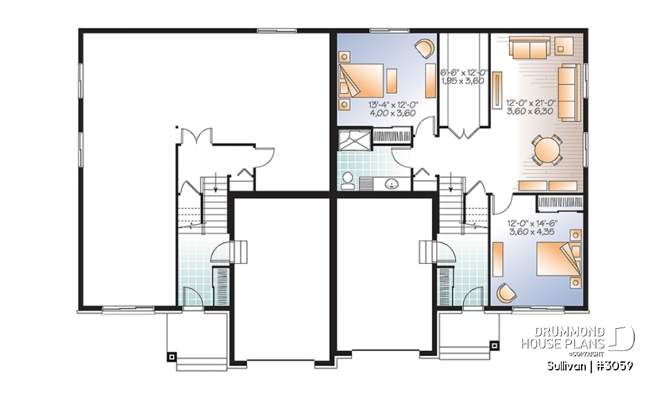 Basement - Modern duplex house plan with garage,up to 3 bedrooms per unit, large shower, great kitchen island - Sullivan