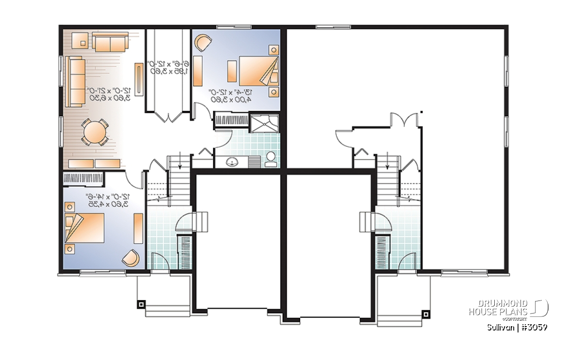 Basement - Modern duplex house plan with garage,up to 3 bedrooms per unit, large shower, great kitchen island - Sullivan